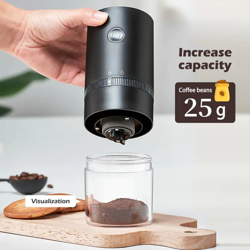 Portable electric coffee grinder with precision ceramic burrs, offering customizable grind settings for a fresh, customized brew anywhere.