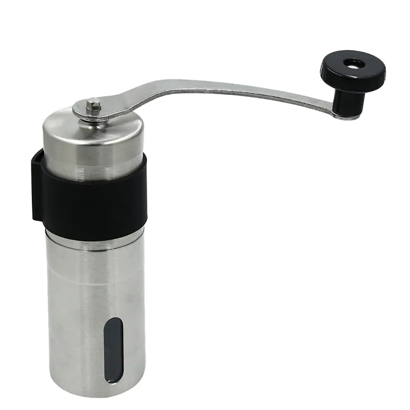 Compact and portable Manual Mini Stainless Steel Coffee Grinder, designed for travel and home use, with a durable stainless steel body and adjustable grind settings for a customized coffee experience.